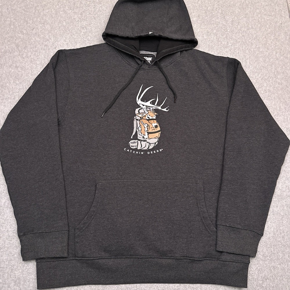 Catchin' Deers Fleece Pullover Hoodie Men's XXL Gray Graphic Hunting Sweatshirt‎